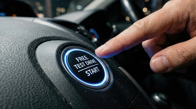 Driver finger pushes illuminated engine start button displaying free test drive text inside modern luxury vehicle