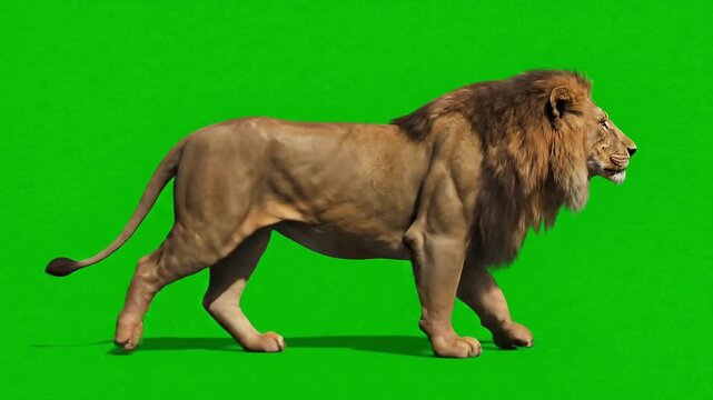 Majestic lion walking side view isolated on green screen background for chroma keying