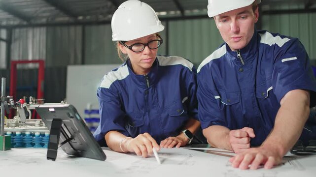 Engineers review technical blueprints and digital manufacturing models in a modern factory. Engineering collaboration, production planning.