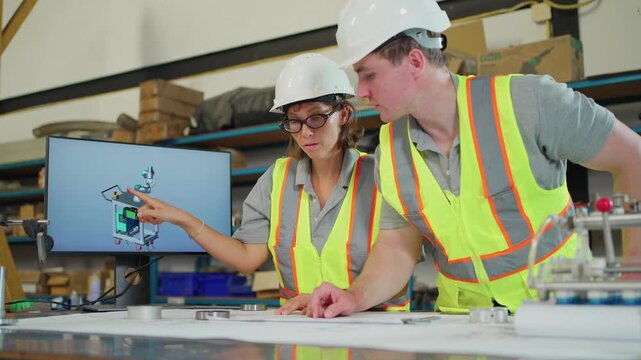 Engineering professionals analyze digital manufacturing models and technical drawings using a tablet and computer. Concept of robotic.

