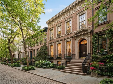 Historic brownstone entrance with arched doorway and stoop