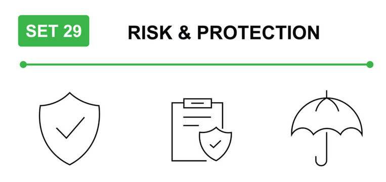 Set 29 Risk and Protection icons set thin line shield checkmark verified clipboard insurance policy umbrella security cover vector symbol