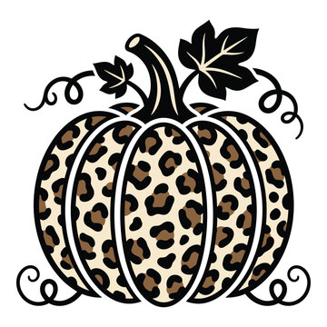 Cheetah print pumpkin with leaf and vines isolated on transparent background icon