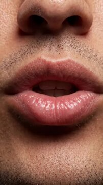 Extreme close up of a man lips and mouth detail featuring natural skin texture and facial hair stubble for human anatomy reference
