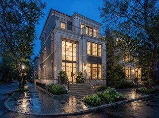Fototapeta premium Modern stone townhouse on wet corner street at dusk