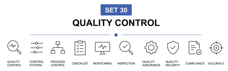Set 30 Quality Control icons set thin line magnifying glass pulse control sliders process hierarchy checklist clipboard monitor inspection gear shield checkmark folder accuracy target vector symbol © WASIF-MEHMOOD