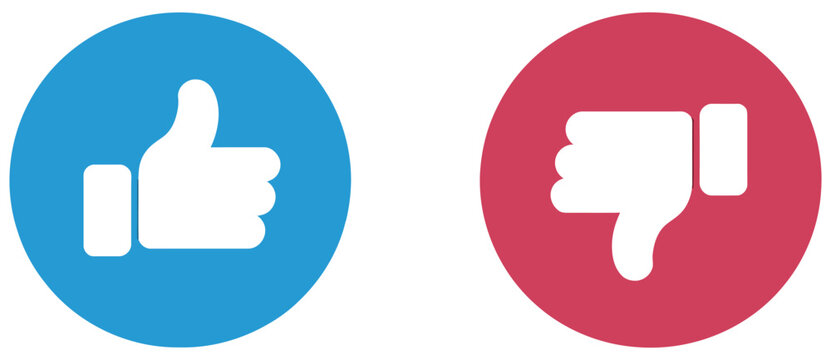 Like and dislike icon with long shadow displaying thumbs up and down symbols for approval, rejection, reviews, digital platforms, and web applications, vector