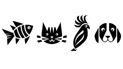 Pet icons set. Black and white vector silhouettes of a fish, cat, parrot and dog in flat style isolated on white © Parakhat