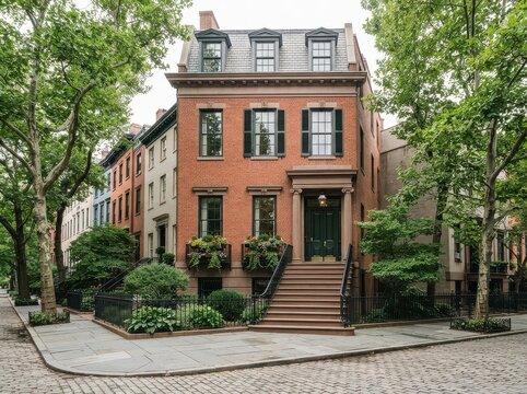 Red brick corner townhouse with mansard roof and stoop