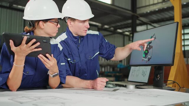 Engineers review a 3D robotic system design on a monitor while collaborating with digital tools in a modern factory. Smart manufacturing, industrial automation.
