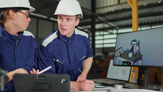 Engineers review a 3D robotic system design on a monitor while collaborating with digital tools in a modern factory. Smart manufacturing, industrial automation.