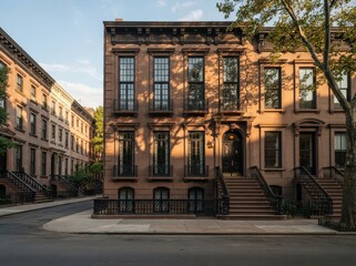 Fototapeta premium Historic brick townhouse facade with tall windows and front stoop