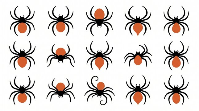 Set of fifteen hand drawn black spiders with orange bodies isolated on a white background for halloween