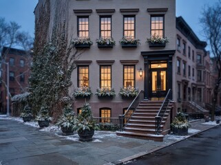 Fototapeta premium Gray townhouse with snow covered sidewalk and lit windows