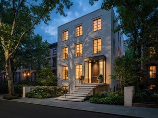 Fototapeta premium Modern white townhouse with front garden and illuminated windows at dusk