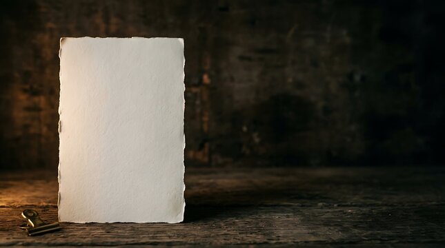 Blank handmade paper with deckle edge on rustic dark wood background
