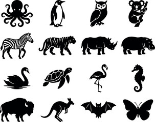 Obraz premium Wild animals and marine life black silhouettes vector set with birds mammals insects and sea creatures isolated on white background