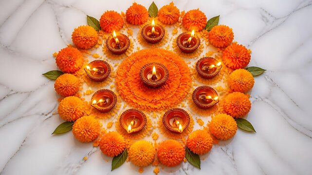 Diwali brass diya with marigold flowers for festive decoration. Traditional oil lamp and floral rangoli design for Hindu festival celebrations.