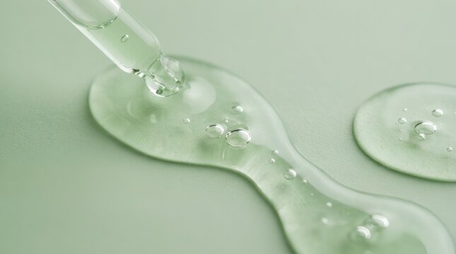 Clear cosmetic serum or skincare gel dripping from a glass dropper onto a soft sage green surface, macro view of liquid texture and bubbles