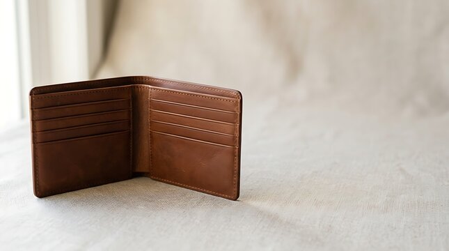 Classic brown leather bifold wallet on a textured surface