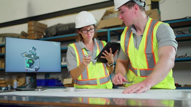 Industrial engineers collaborate during equipment inspection using measuring tools and digital technology. quality inspection