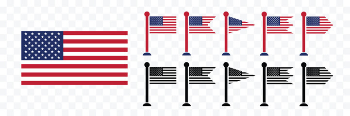 Obraz premium USA flag icon set. Different flag icons set. USA waving flag collection,Stripes flags united states with stars. American national symbol isolated on transparent background. Vector illustration.