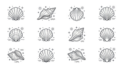 Collection of Hand-Drawn Seashells and Conches with Sparkling Accents. © Tuju