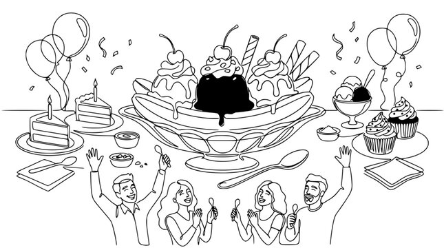Happy People Celebrating with Delicious Banana Split Dessert and Party Treats