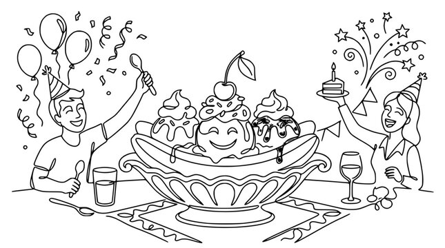 Happy Birthday Celebration with Banana Split Ice Cream Dessert and Party Elements