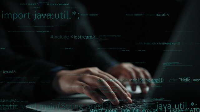 A close-up view of hands typing on a laptop keyboard in a dark setting, with glowing lines of code projected on the screen, highlighting the world of coding and technology. Xenic