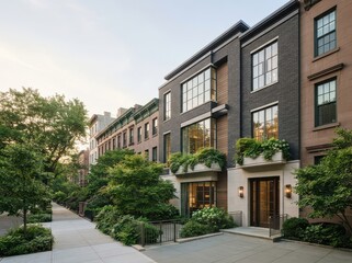 Fototapeta premium Townhouse row with planters and black window frames