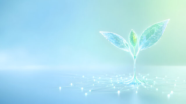 Glowing digital wireframe plant sprout with network nodes on light background. Concept of sustainable green energy, agricultural technology development, and environmental conservation strategy.