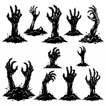 Halloween zombie hands. Spooky haunted arms appear of ground silhouette vector illustration set. Creepy zombie arms elements, vector isolated on white
