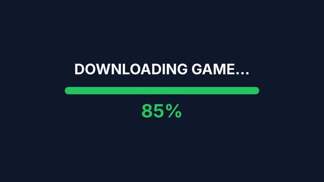 Downloading game progress bar, green loading animation on dark background, 85 percent complete, seamless loop, symbolizing anticipation and technology