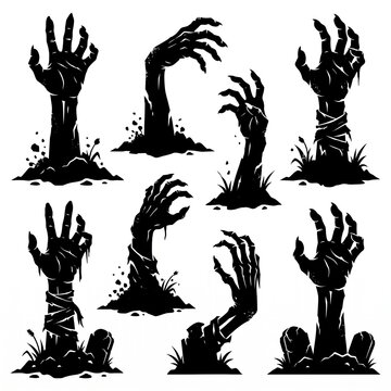 Halloween zombie hands. Spooky haunted arms appear of ground silhouette vector illustration set. Creepy zombie arms elements, vector isolated on white