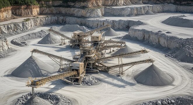 Large-scale quarry operation with complex conveyor systems and crushing machinery processing raw materials