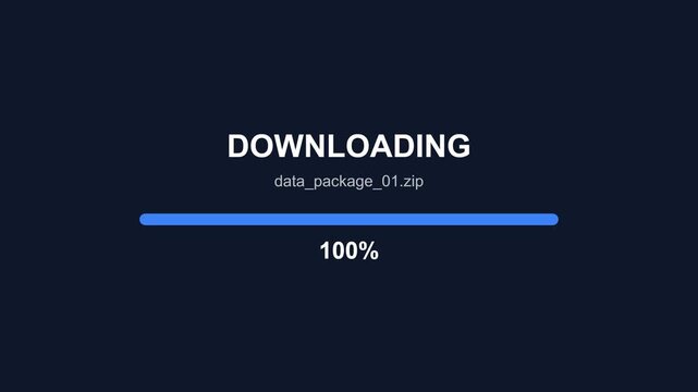 Downloading progress bar animation, data package loading from 0 to 100 percent, seamless loop, symbolizing file transfer and digital workflow