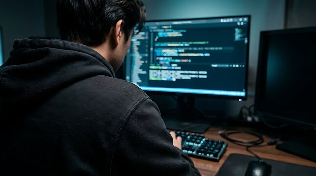 Programmer in a dark hoodie writing code on a computer at night