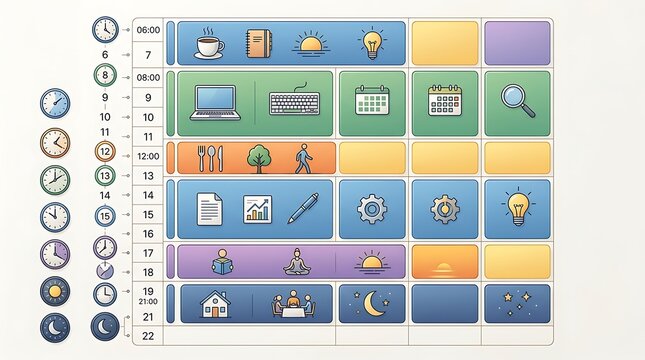 Daily schedule and time management planner with productivity icons