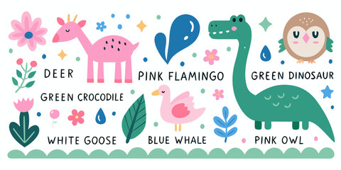 colorful animals and plants flat vector illustration deer flamingo dinosaur crocodile goose whale owl flowers leaves cartoon childish fun playful education children wildlife © Asit
