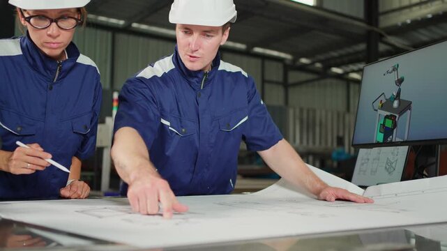 Engineers review technical blueprints and digital manufacturing models in a modern factory. Engineering collaboration, production planning.