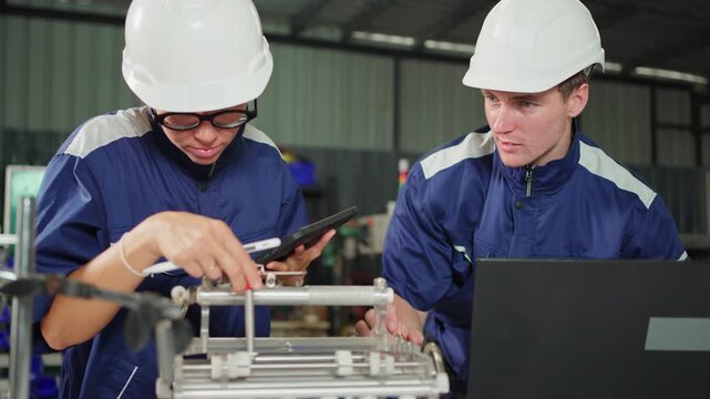 Industrial engineers collaborate during equipment inspection using measuring tools and digital technology. quality inspection