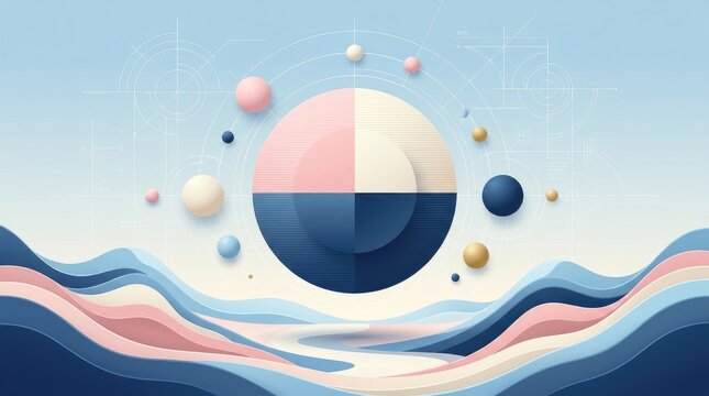 Abstract circular graphic composition featuring layered waves with intricate technical blueprint lines and floating colored spheres