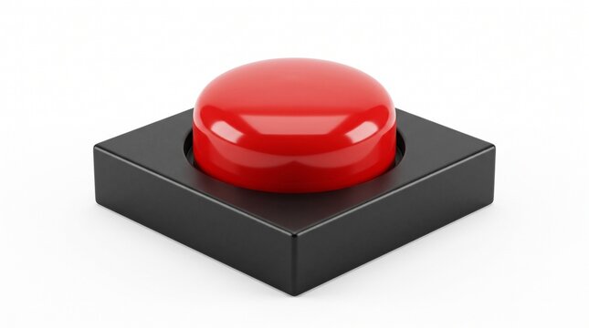 A close-up shot of a glossy red button on a black base. Isolated on a white background