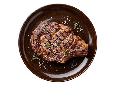 Top view of grilled ribeye beef steak with herbs on dark ceramic plate isolated element on transparent background.