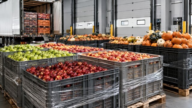 Fresh harvest of apples and pumpkins in plastic crates at a logistics warehouse. Distribution center loading produce into shipping truck for wholesale food delivery and commerce