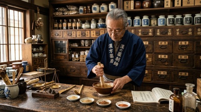 A Japanese pharmacist preparing a Kampo herbal formula in a traditional apothecary, carefully measuring and mixing powdered herbs on a wooden counter.