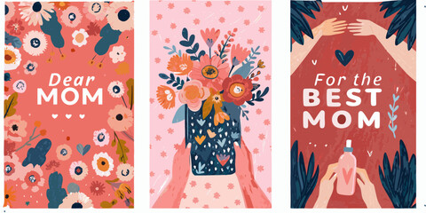 mother s day floral posters vector illustration flowers mom dear best hand holding vase bouquet greeting cards art design elements sentimental celebration family © Asit