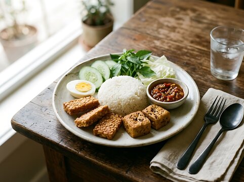 Indonesian tempeh with rice and vegetables on a plate. Basic Indonesian Dish