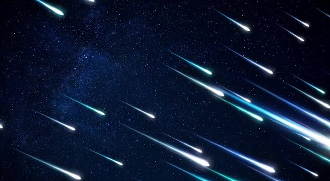 Glowing meteor shower with shooting stars falling across a dark blue starry night sky background